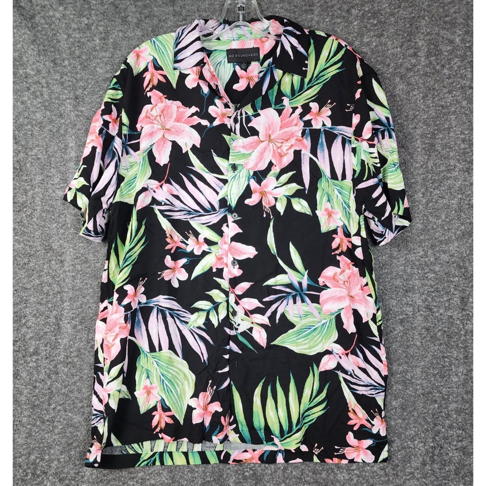 No Boundaries Button Down Shirt Women Medium Black Pinkβ Tropical Floral Rayon